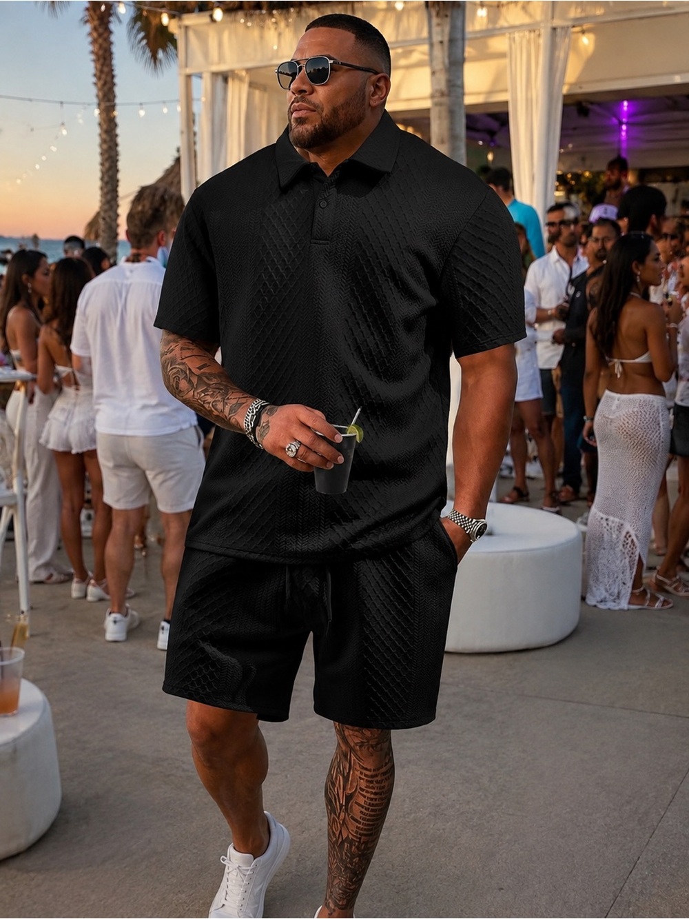 Men’s 4XL Black Jacquard Textured Polo & Shorts Matching Set NWT